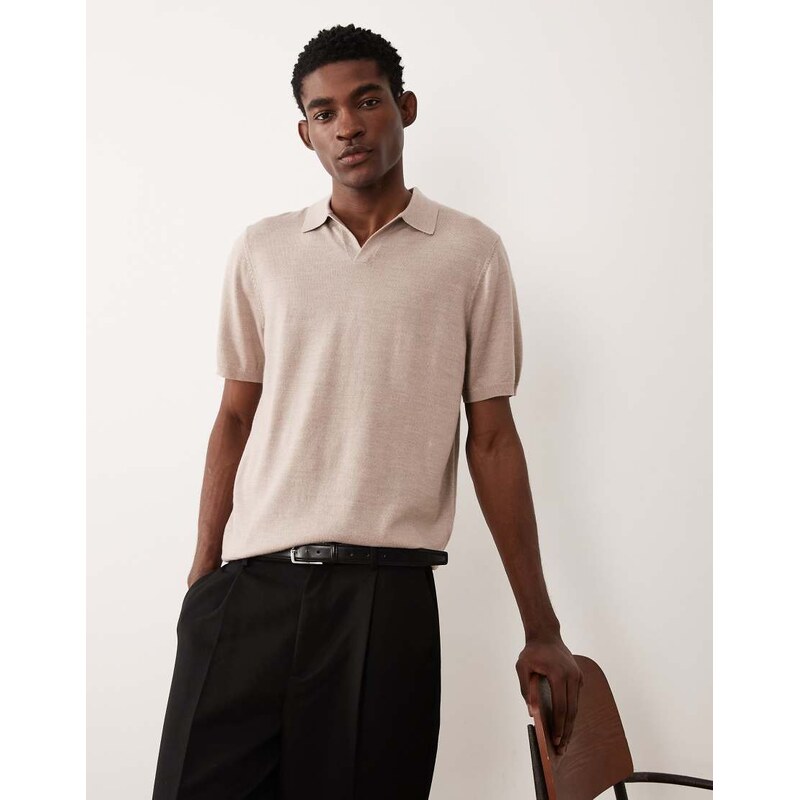 ASOS DESIGN knitted pure merino wool notch neck polo in taupe-Neutral 114157305