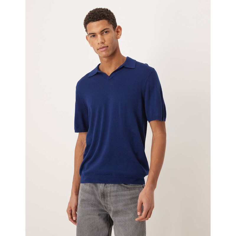 ASOS DESIGN knitted pure merino wool notch neck polo in navy