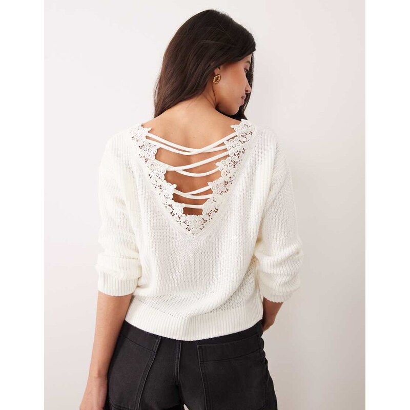 Miss Selfridge lattice back knitted top with lace in cream-Black 114183714