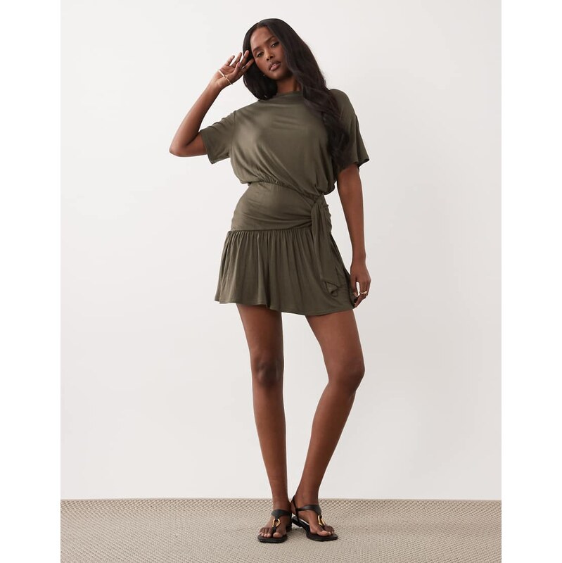ASOS DESIGN peplum hem mini dress with tied knot detail in khaki