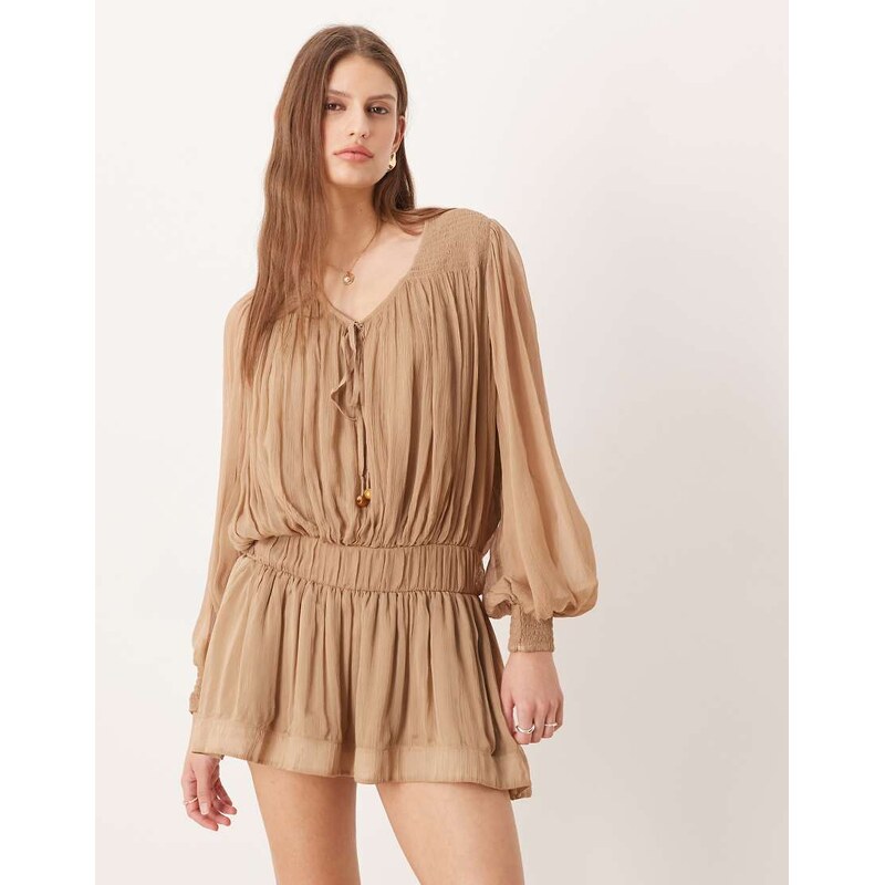 Free People sunbeam long sleeve mini dress in brown