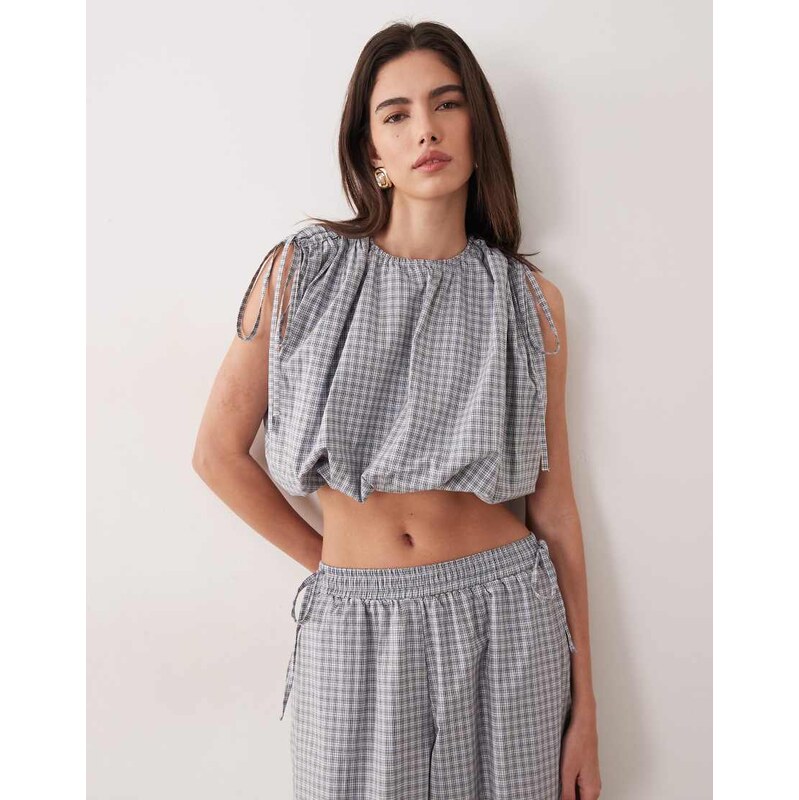 Ghospell cotton bubble drawstring detail top co-ord in blue gingham 115129278