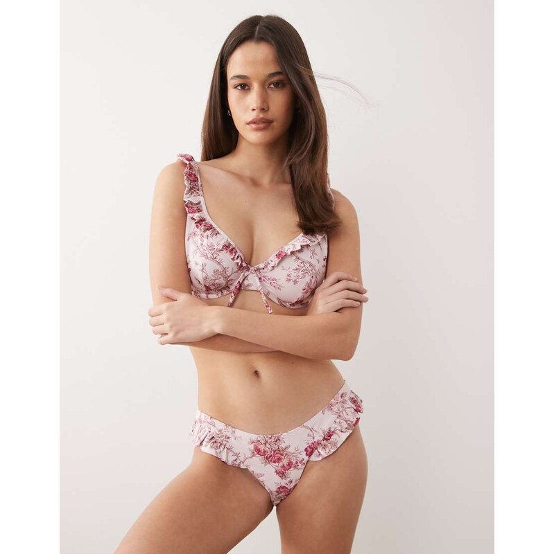 ASOS DESIGN Flora frill edge high leg bikini bottom in floral print 115517961