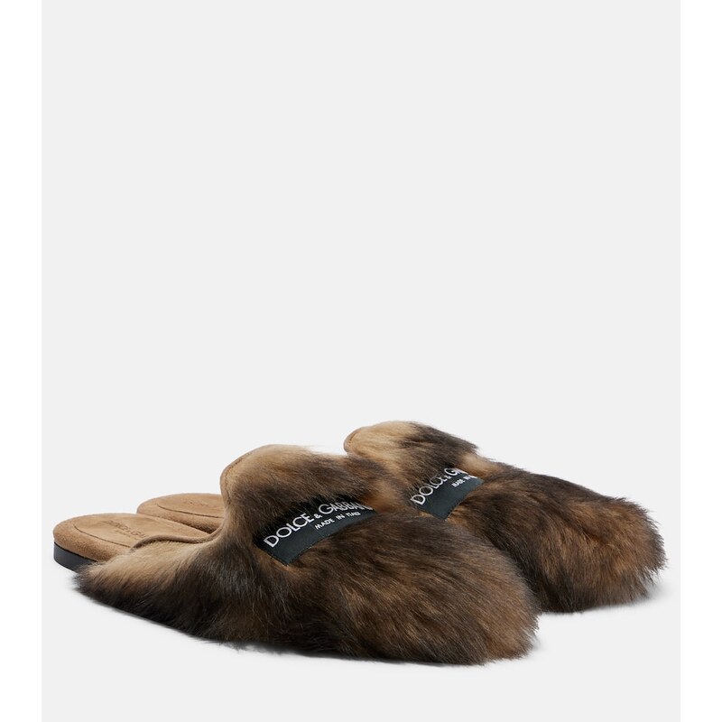 Dolce&Gabbana Logo suede-trimmed shearling mules