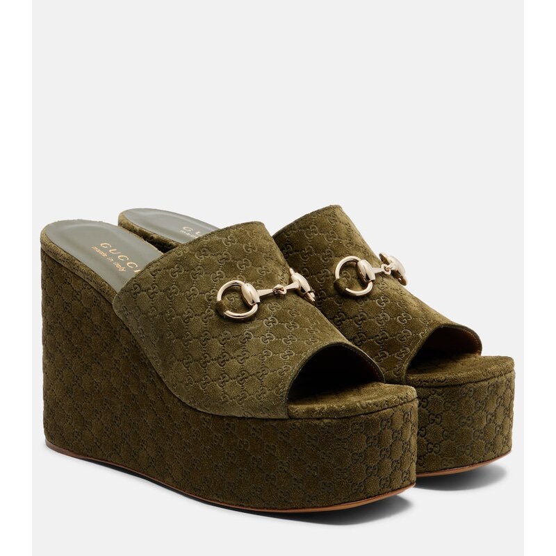Gucci Horsebit GG suede wedge mules