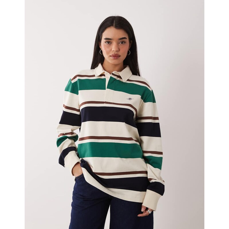 GANT logo rugby top in cream and navy contrast stripe-Green