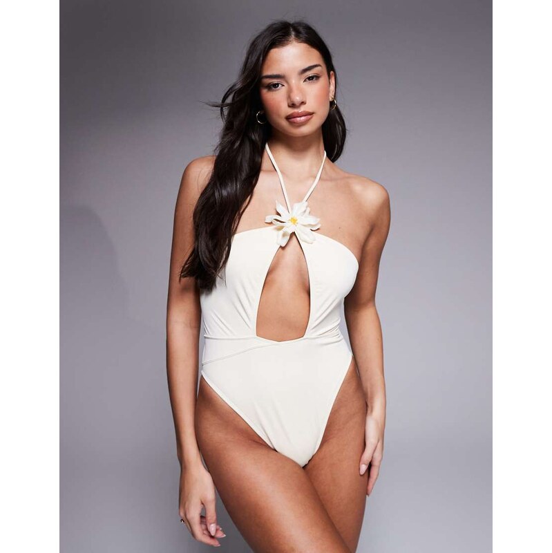 ASOS DESIGN Marigold plunge cut out swimsuit with flower hardware in 115518269