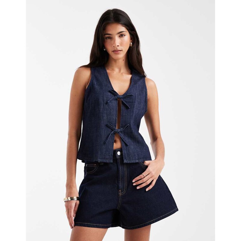 Vero Moda tie front sleeveless denim top in dark rinse wash-Navy