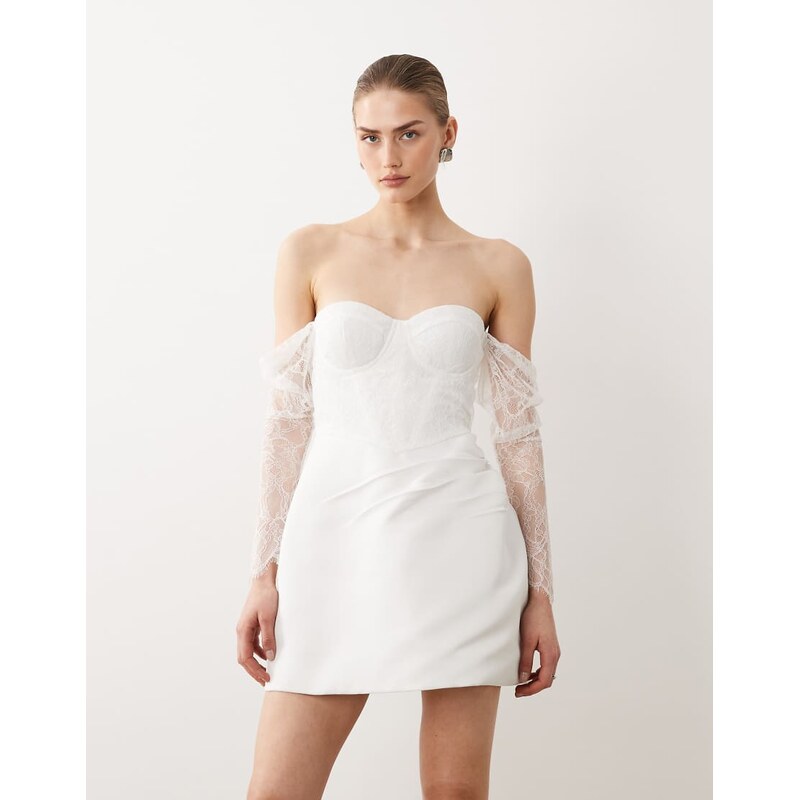 Six Stories Bridal fallen shoulder lace sleeve mini dress in white 114183604