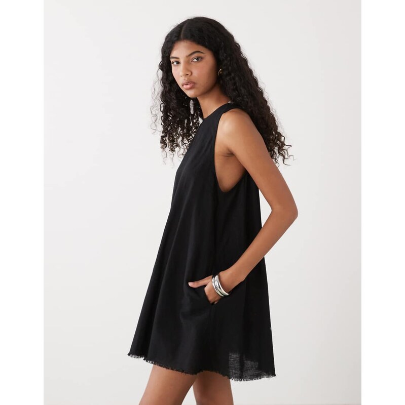 Monki linen blend sleeveless a line mini dress with frayed edge