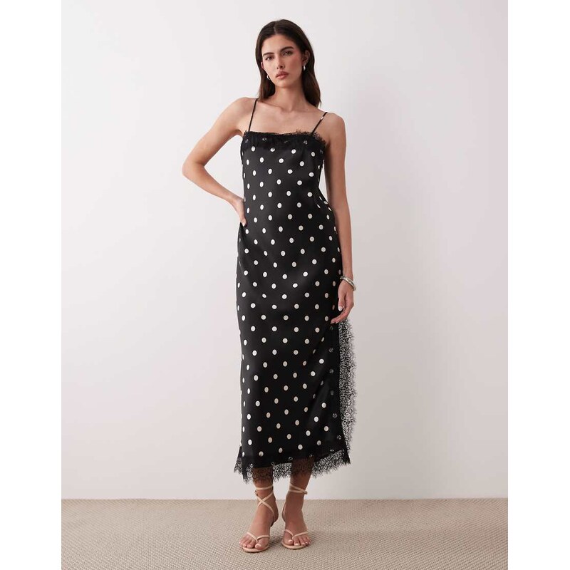 Nobodys Child Betsi satin lace trim midi dress in black polka dot 114183622