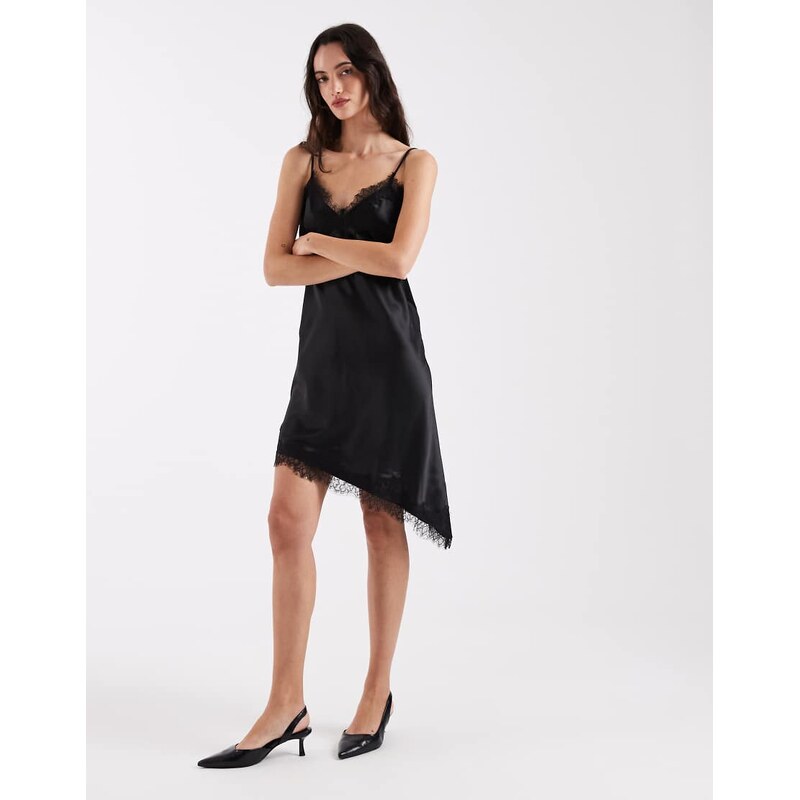 ONLY asymm satin cami dress with lace hem in black
