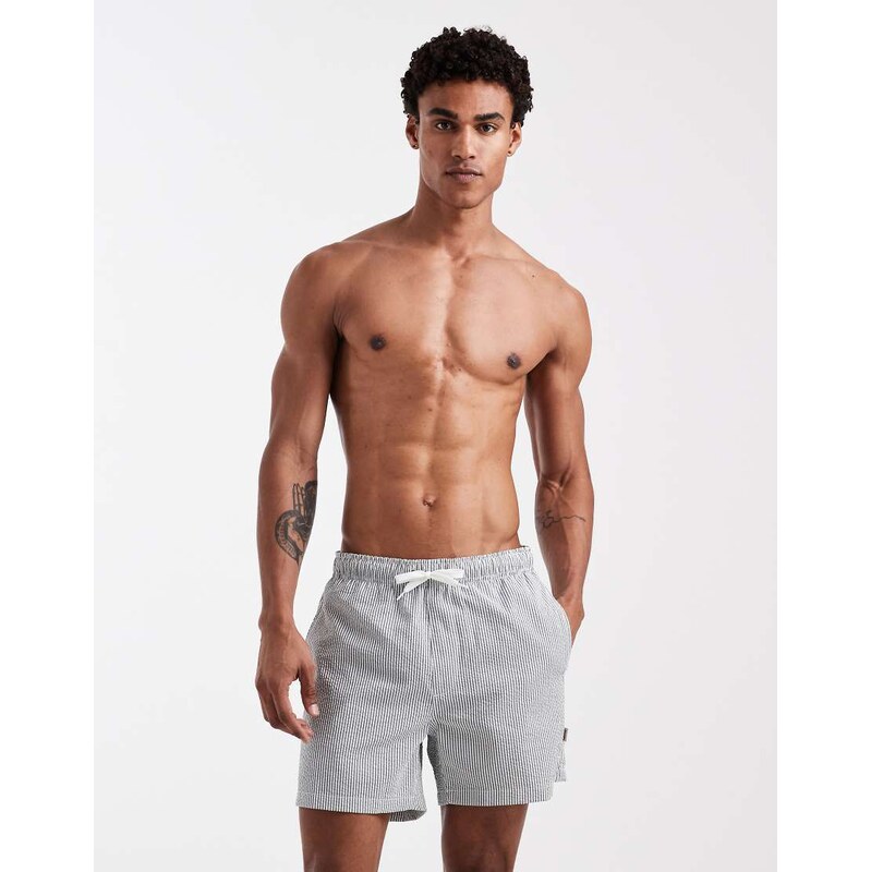 ONLY & SONS seersucker swim shorts in dark green stripes