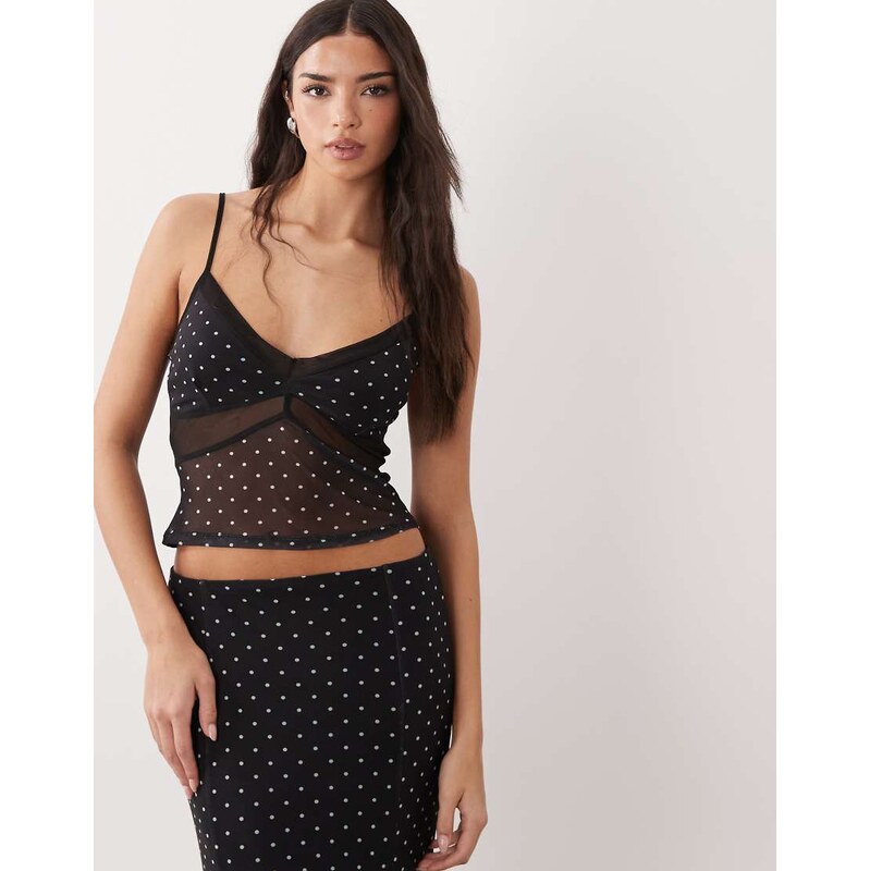 ASOS DESIGN paneled polka dot mesh cami top co-ord in black