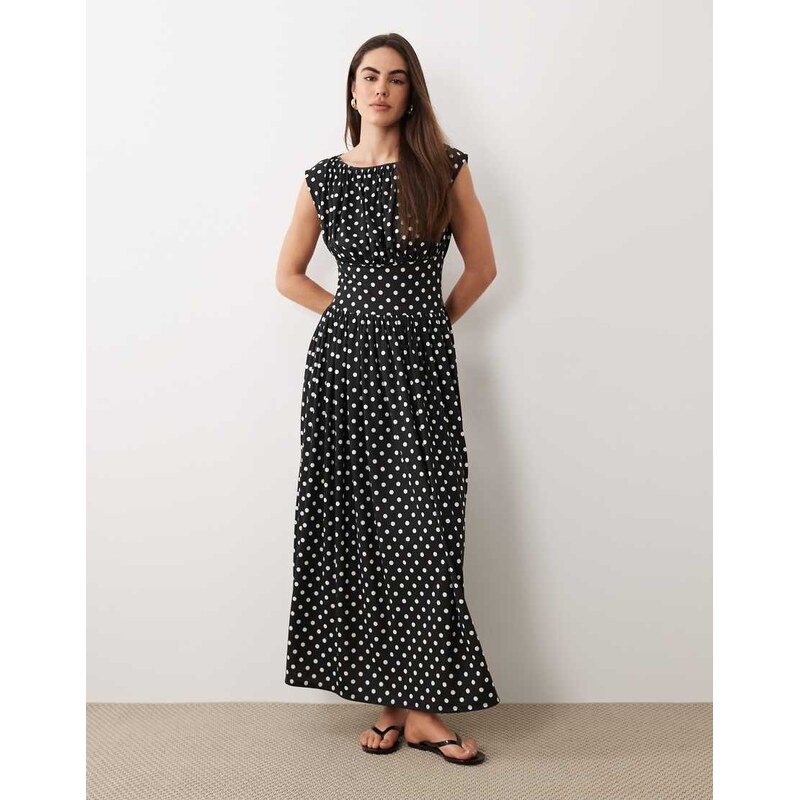ASOS DESIGN sleeveless cinched waist maxi dress in mono polka