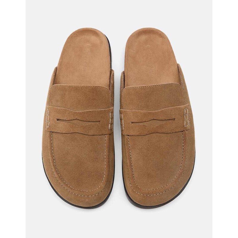 Stradivarius Backless leather loafer clogs in beige-Neutral