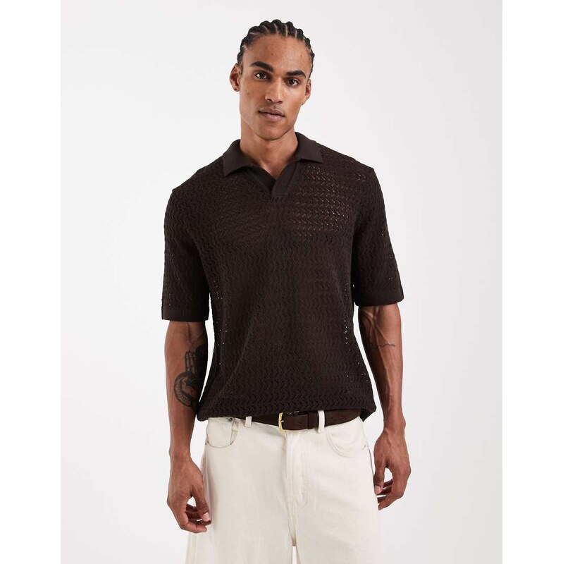 ONLY & SONS open knit split neck polo in chocolate-Brown