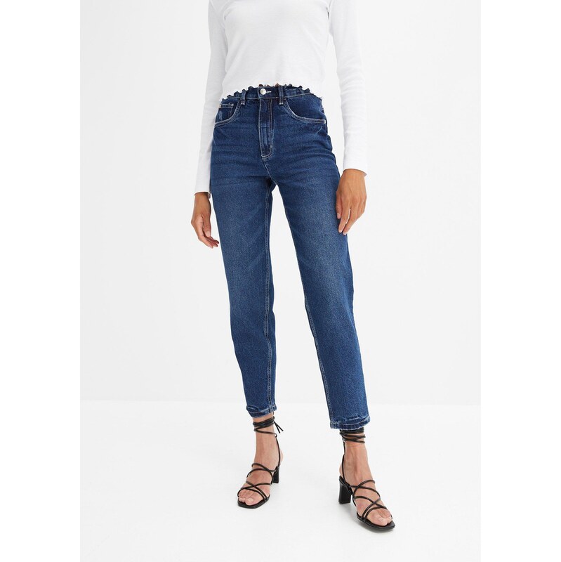 bonprix Mom džíny High Waist, malý podíl streče, zkrácené modrá