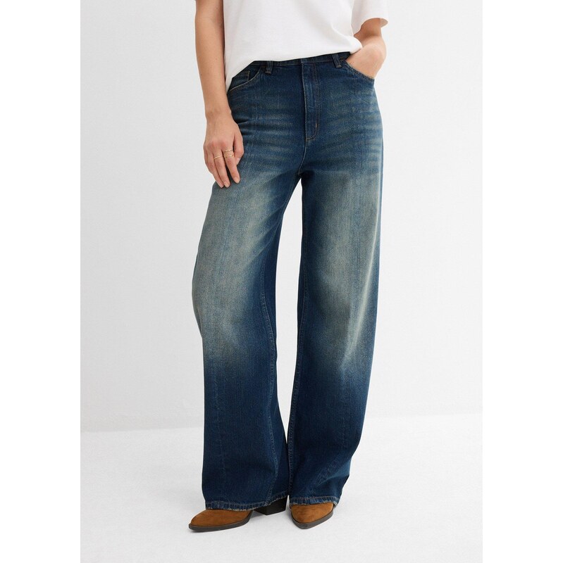 bonprix Džíny Straight Loose, High Waist, Low Stretch modrá Žena