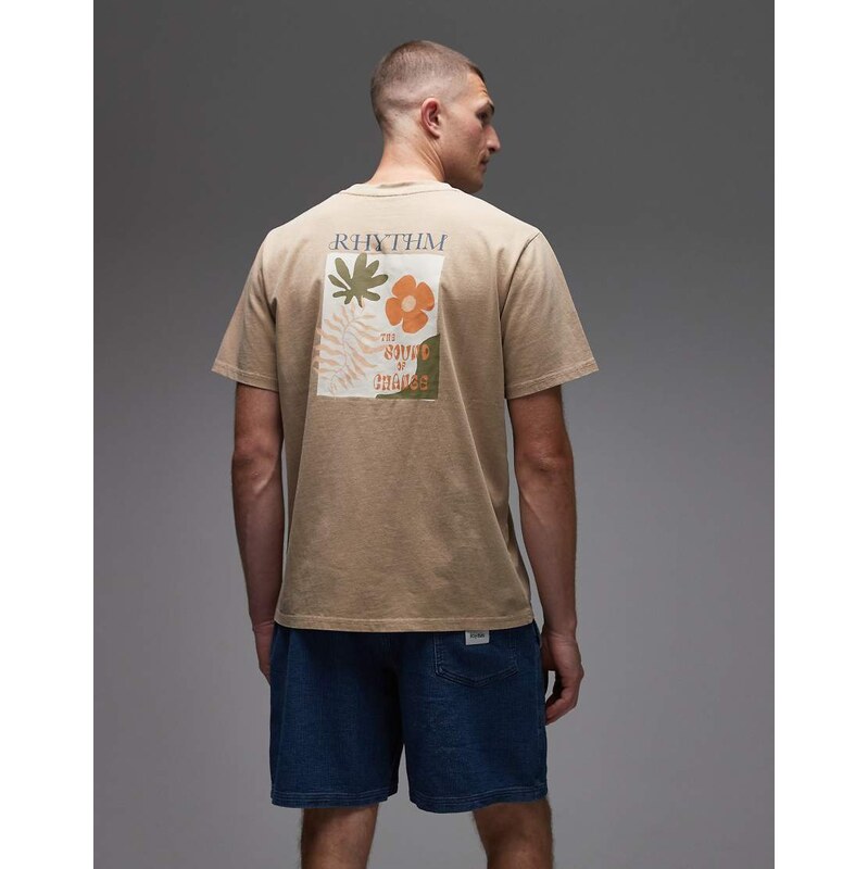 Rhythm t-shirt in vintage wash with botanical print in beige