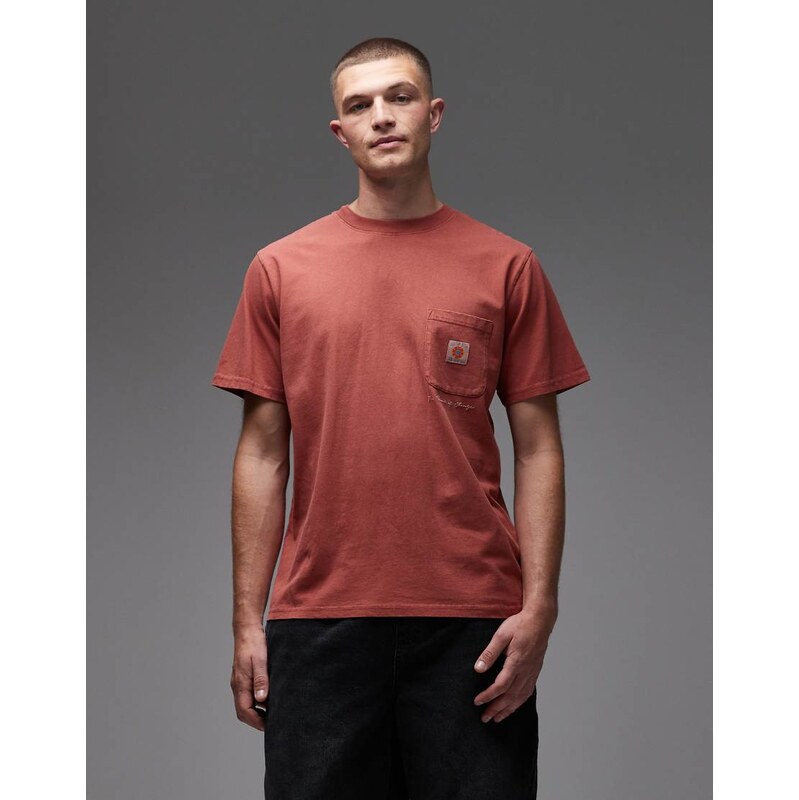 Rhythm t-shirt in vintage wash with pocket in clay-Brown