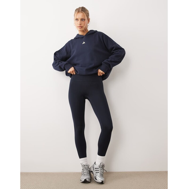 adidas Performance Three Stripes Studios crossover waistband leggings in navy and cream