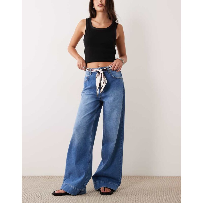 ASOS DESIGN wide leg jean with zebra scarf belt in midwash-Blue