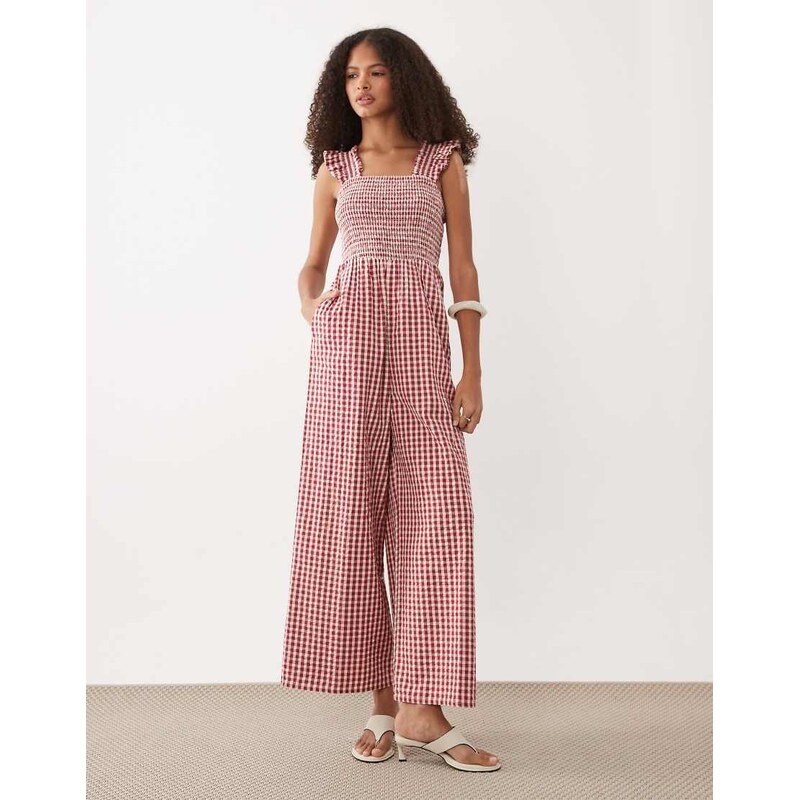 Nobodys Child Maya cotton square neck jumpsuit in red gingham