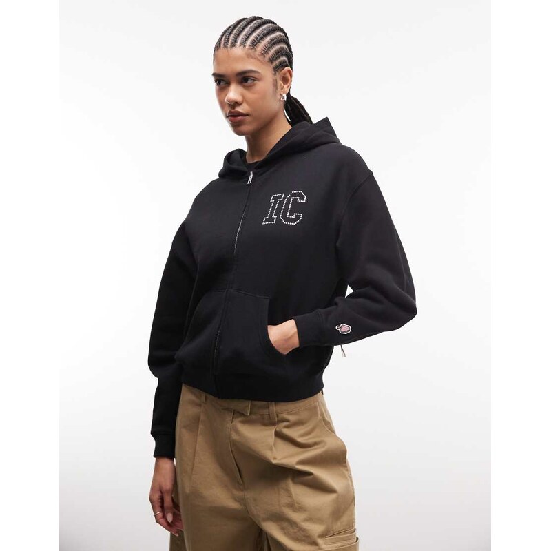ICECREAM diamante logo zip through hoodie in black