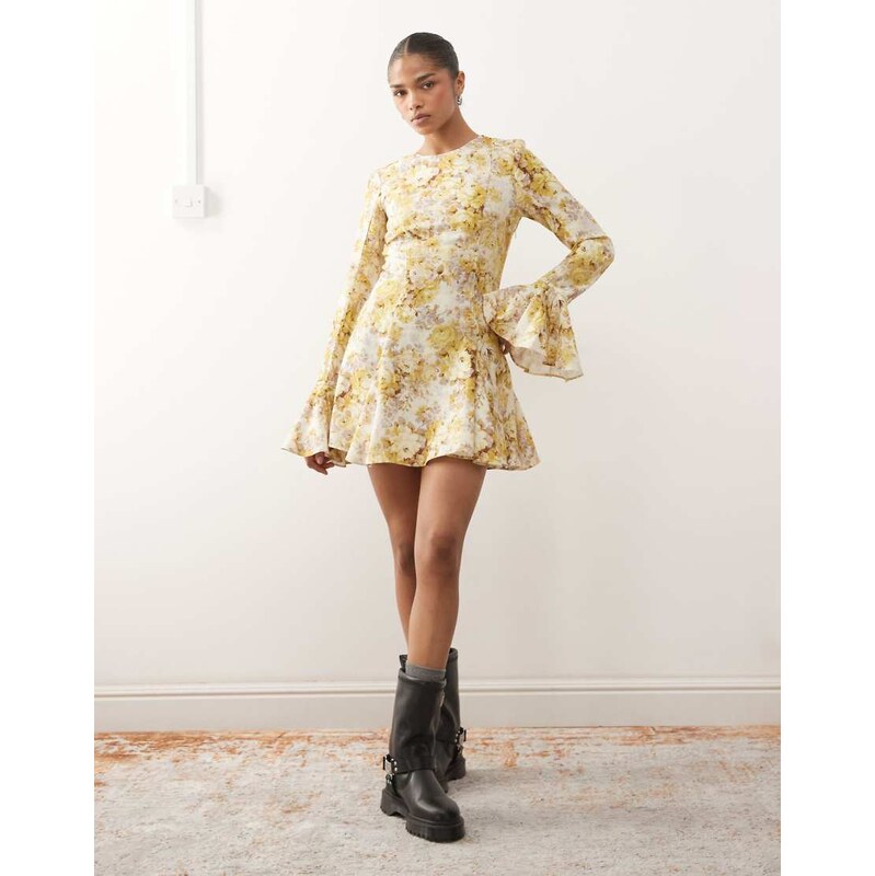 Monki floaty long sleeve mini dress in floral print-Yellow