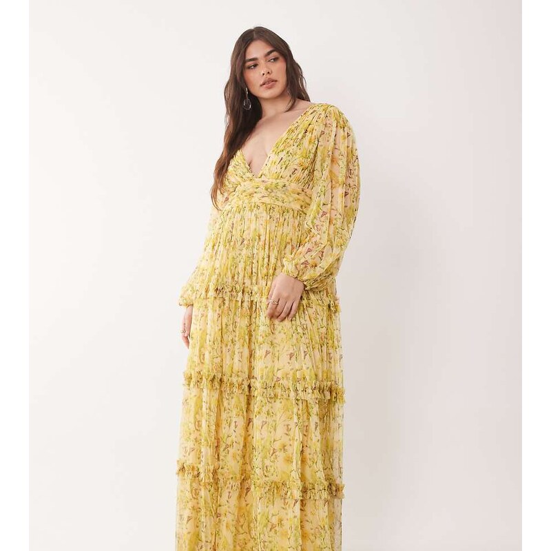 Lace & Beads Plus Lydia tulle balloon sleeve plunge neck tiered maxi 115521142
