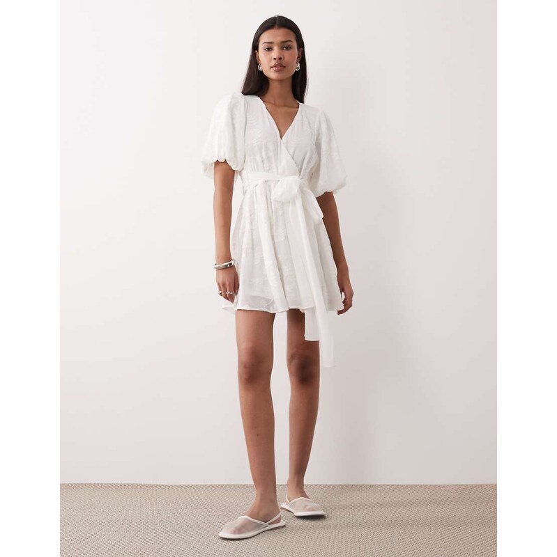 Gina Tricot embroidered mini dress with puff sleeves in off