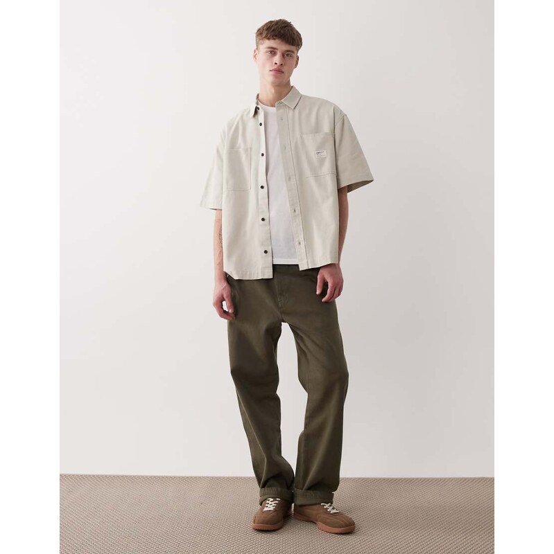 ASOS DESIGN oversized shirt with workwear badge in stone-Neutral