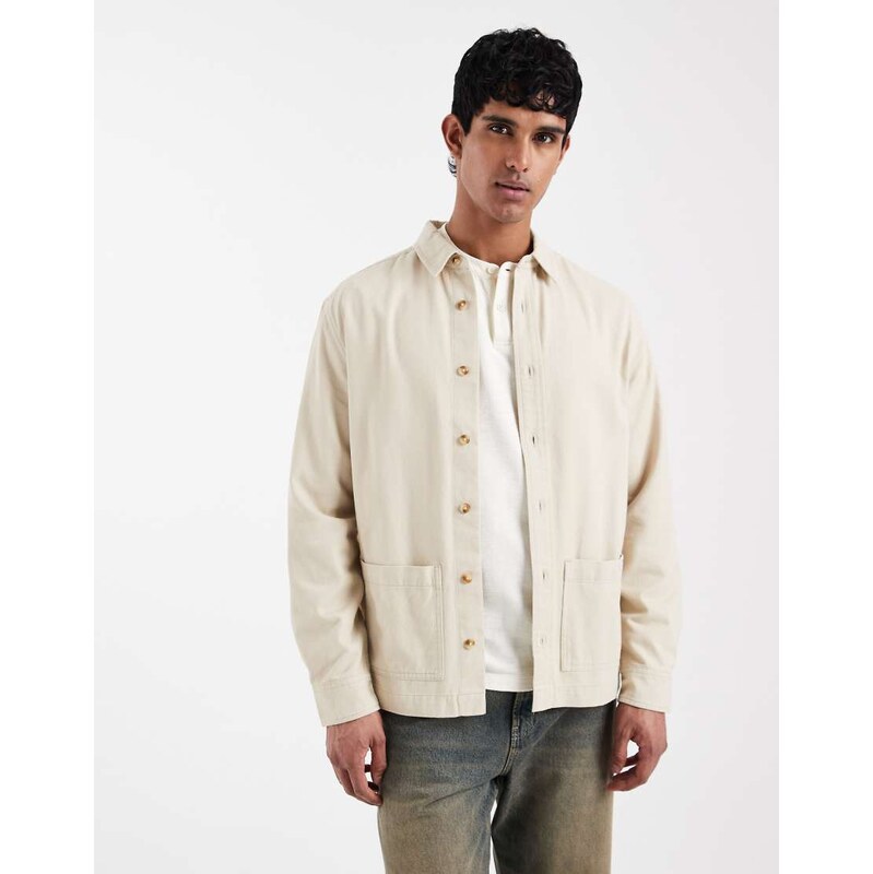ASOS DESIGN overshirt with workwear badging in beige-Neutral
