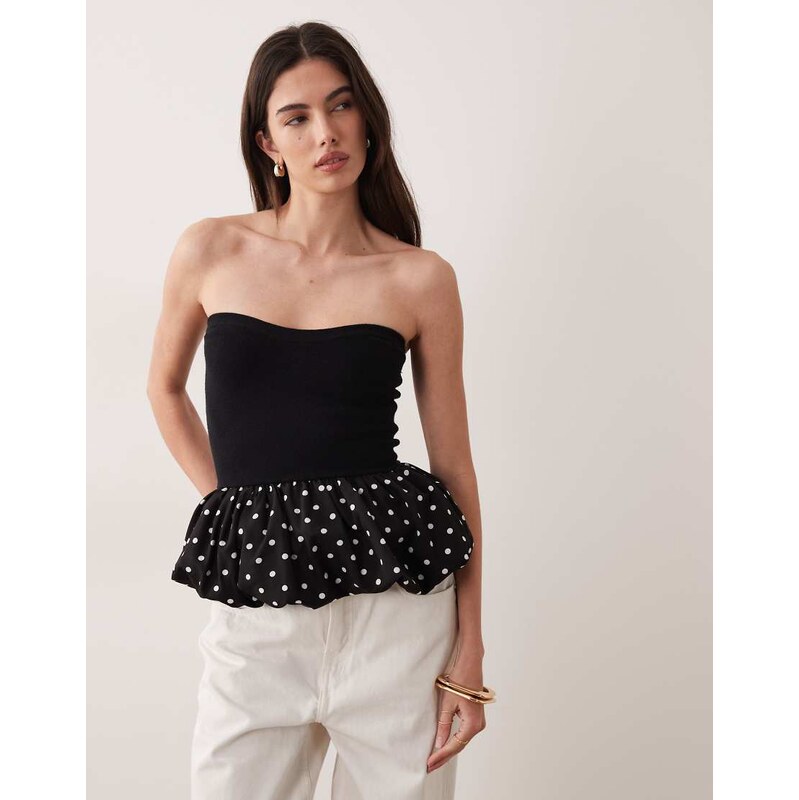 ASOS DESIGN bandeau woven frill hem top in black and white polka