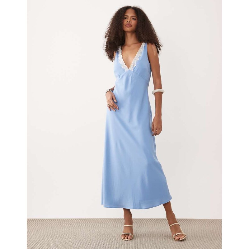 Abercrombie & Fitch v neck slip lace trim maxi dress in blue
