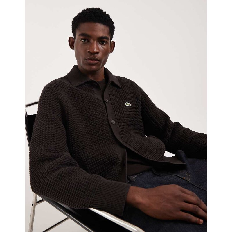 Lacoste button through knitted cardigan in brown