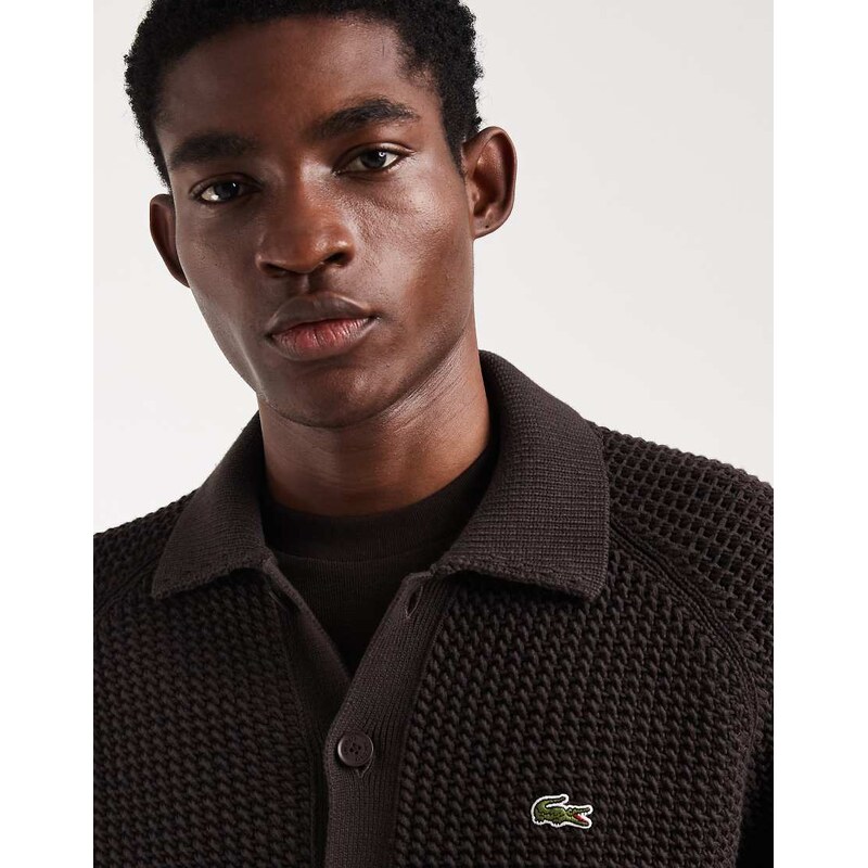 Lacoste button through knitted cardigan in brown