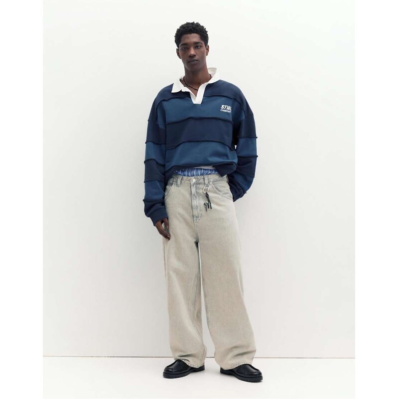 Pull&Bear Embroidered super baggy jeans in pale grey