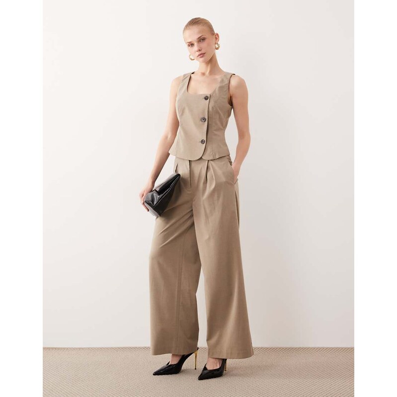 AWARE high waist wide leg deep pleat trouser co-ord in beige melange 114220838