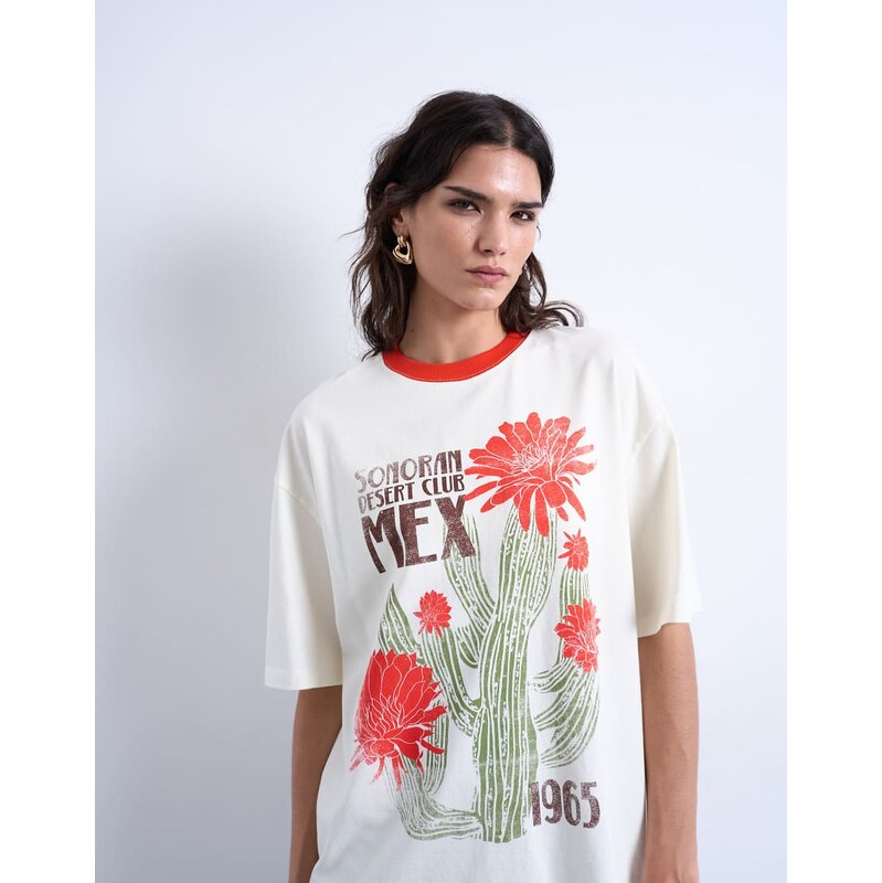 Topshop graphic cactus contrast ringer oversized tee in ecru