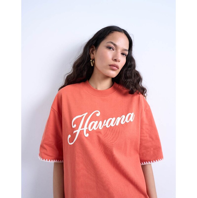 Topshop graphic Havana oversized whip stitch tee in orange