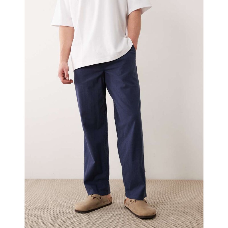 Jack & Jones loose linen mix drawstring trousers in navy