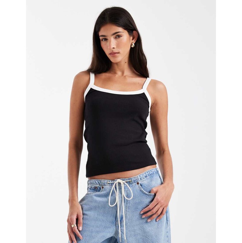 Pieces contrast trim cami top in black-White 114221879