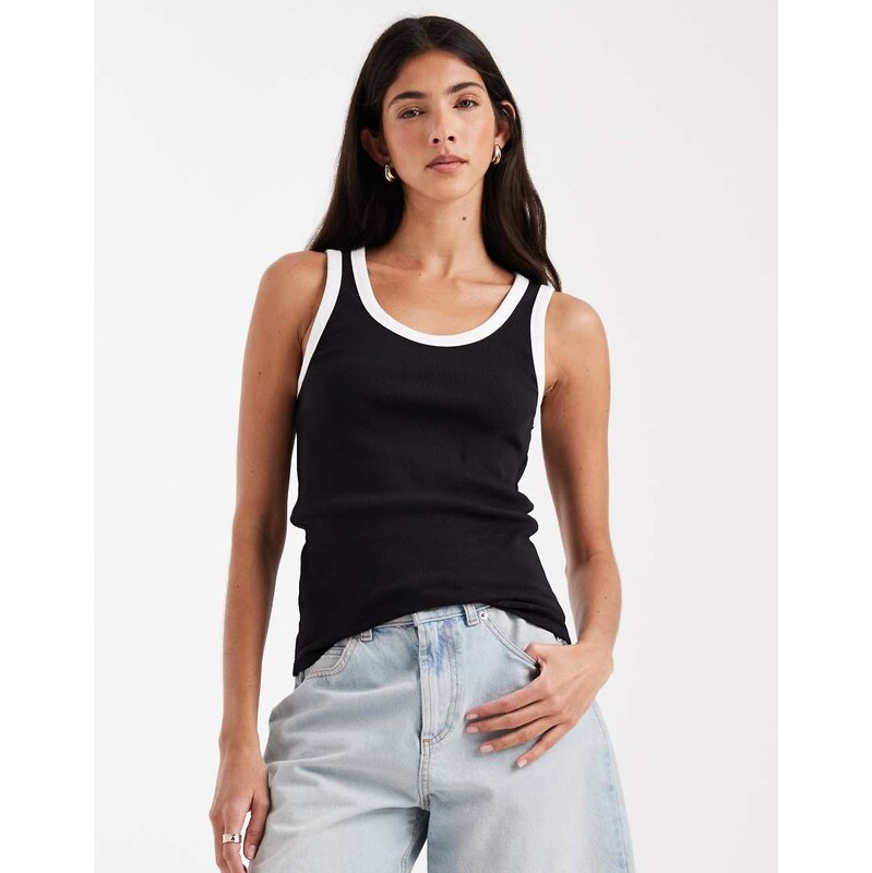 Pieces contrast trim vest top in black