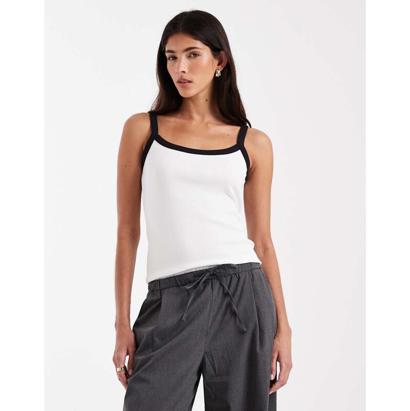 Pieces contrast trim cami top in white