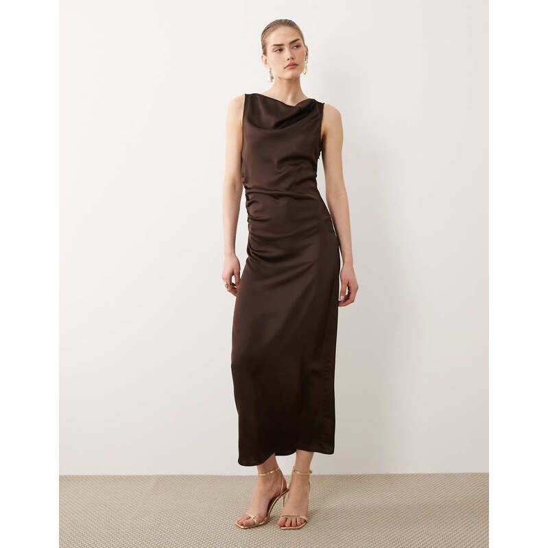 Vila cowl neck satin midi dress in chocolate brown