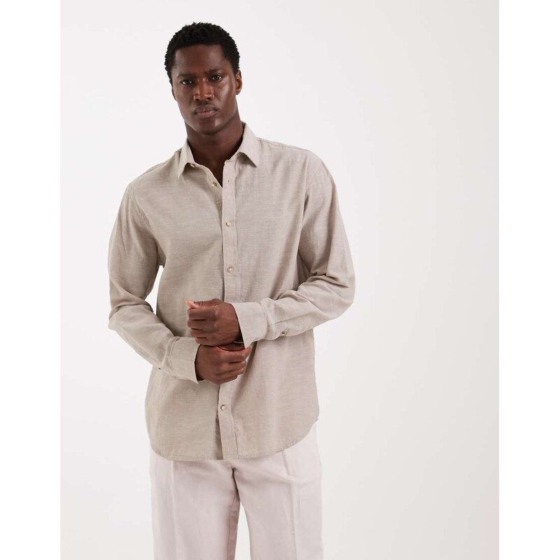 Jack & Jones linen blend long sleeve shirt in beige-Neutral