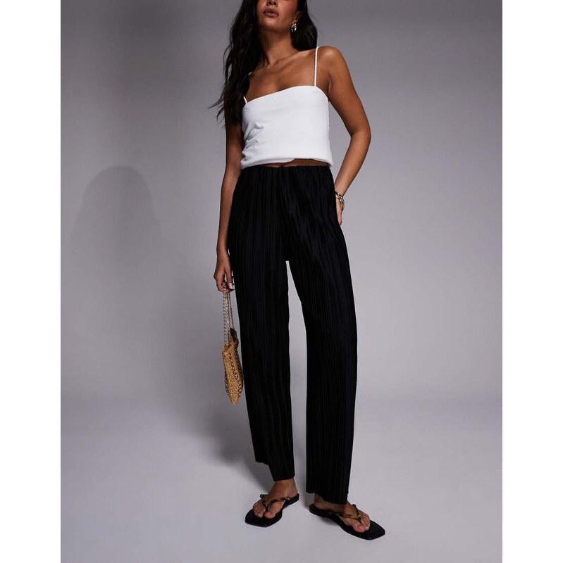 River Island plisse wide leg trousers in black