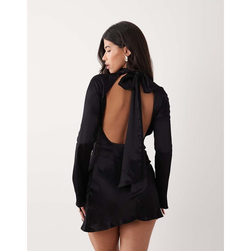 ASOS DESIGN satin high neck mini dress in black